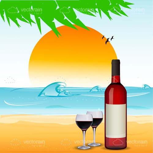 Wine Bottle and Glasses on Beach Scene